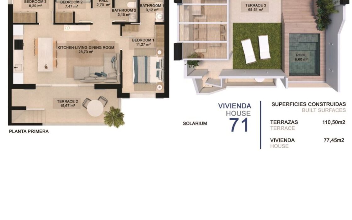 Нові бунгало в Торре-де-ла-Орадада 3 спальні 450 м до пляжу